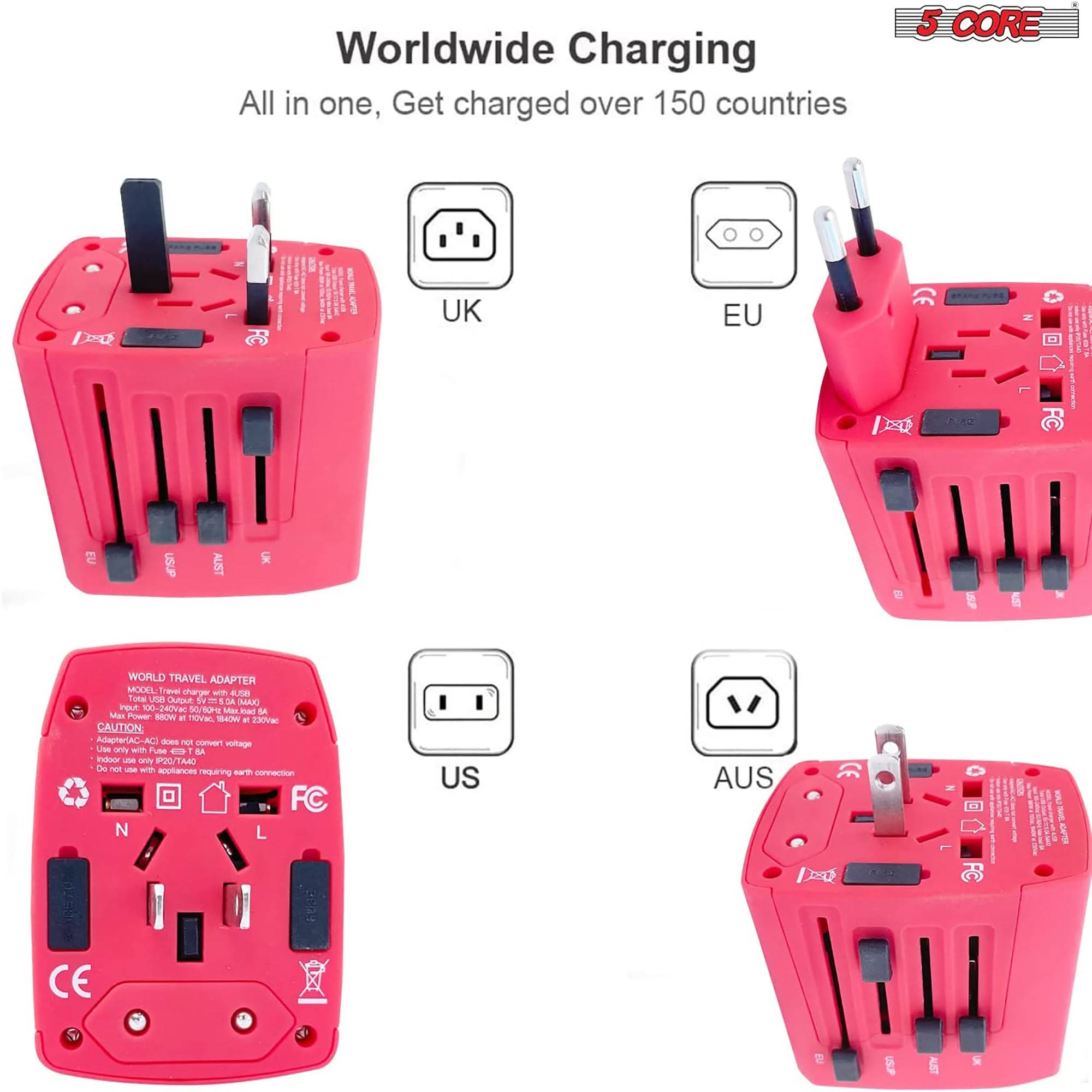 5Core Universal Travel Adapter International Power Plug Adaptor Worldwide Outlet 4 USB Ports Red-2