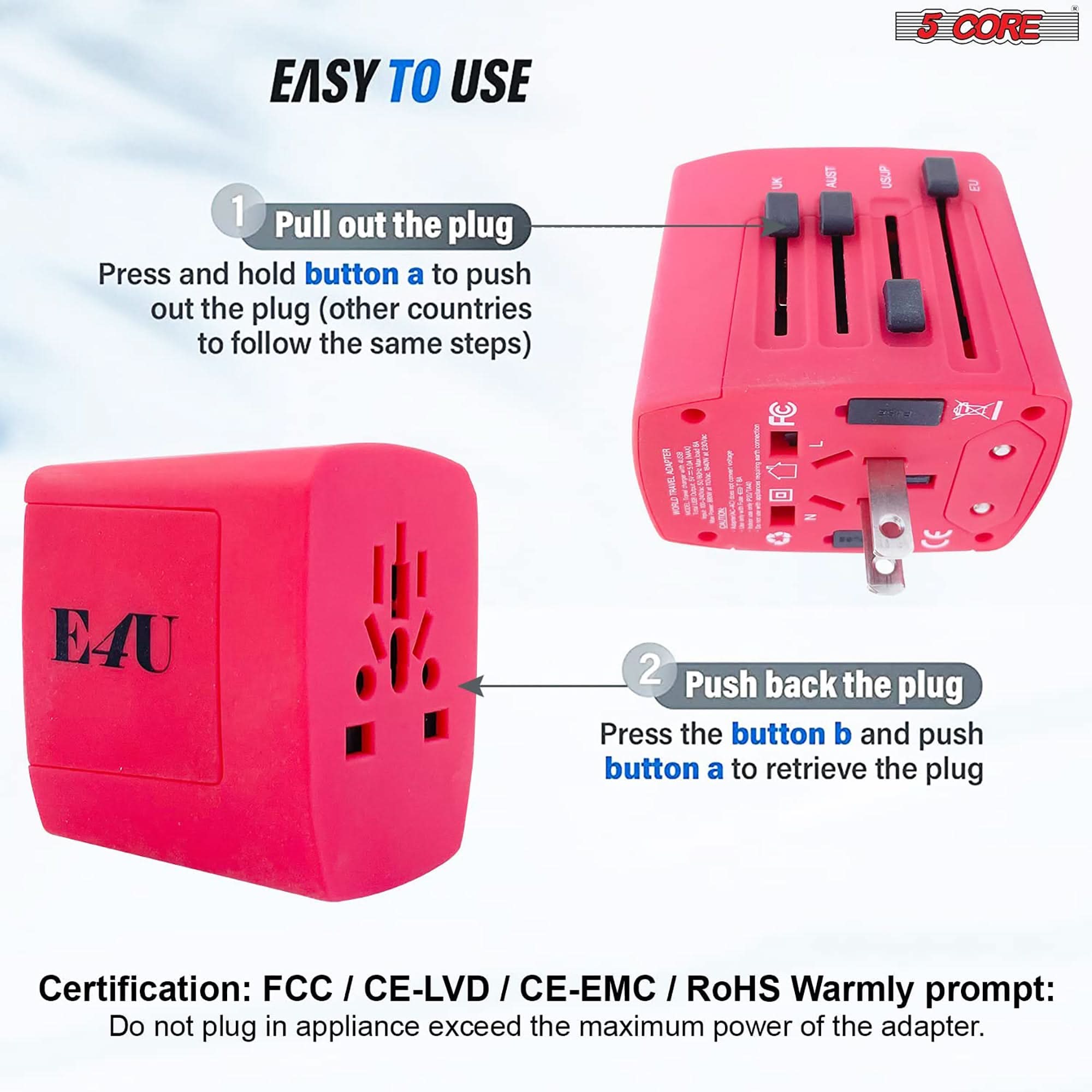 5Core Universal Travel Adapter International Power Plug Adaptor Worldwide Outlet 4 USB Ports Red-3