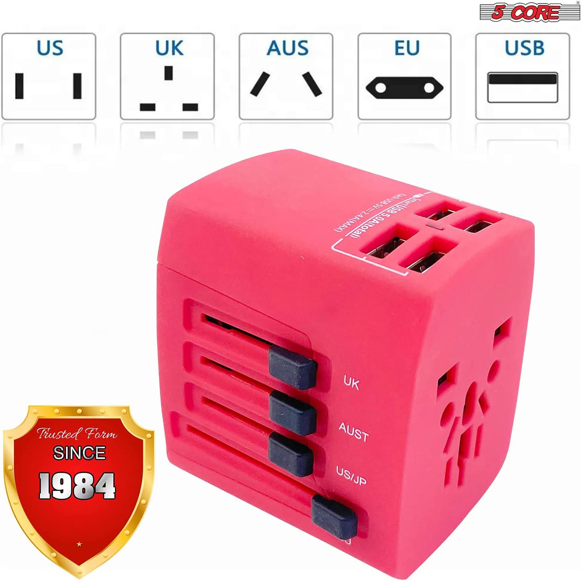5Core Universal Travel Adapter International Power Plug Adaptor Worldwide Outlet 4 USB Ports Red-4