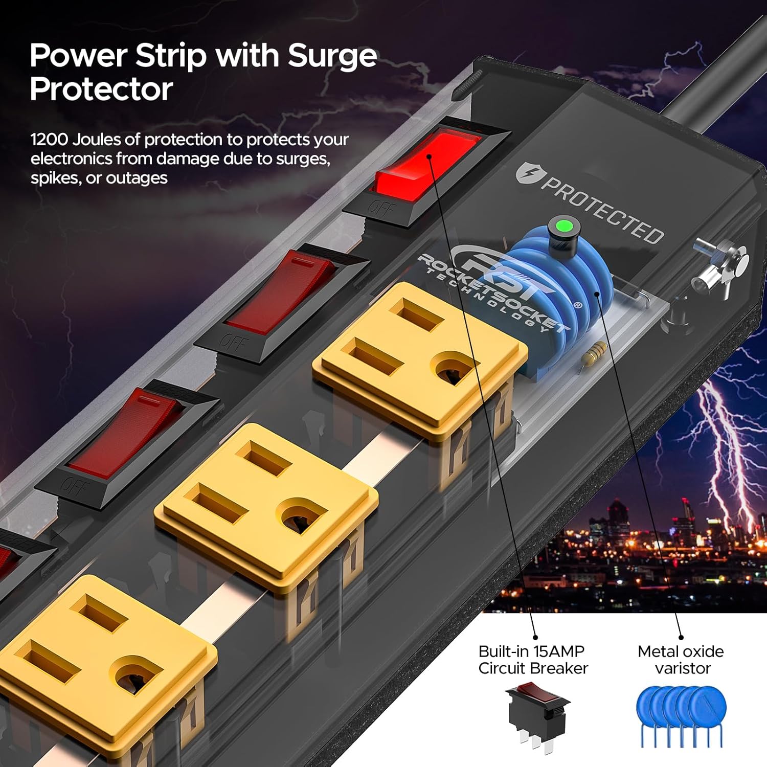 CRST 8 Outlet Metal Surge Protector Power Strip with Individual Switches, 15A Circuit Breaker 1200 Joules Protection 6FT Extension Cord and Mountable Kits Included-3